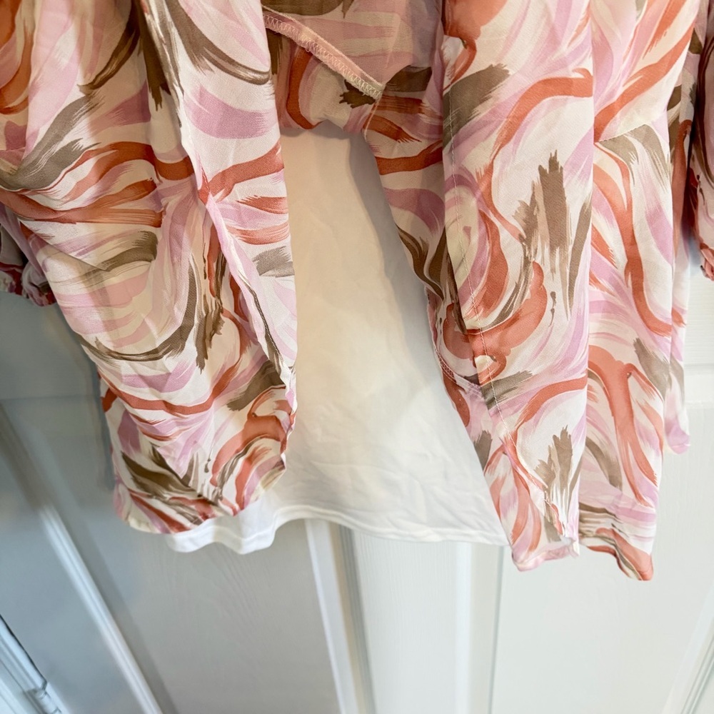 Entro Large Peach Pink Floral Tiered Mini Dress Boho Bell Sleeve - Picture 7 of 8